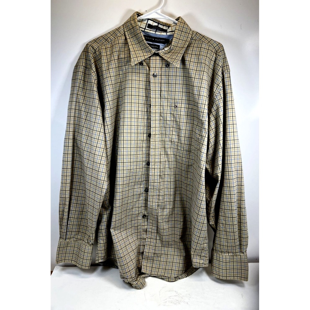Tommy Hilfiger Men's Long Sleeve Button Up Shirt Size XL Checkered Tan
